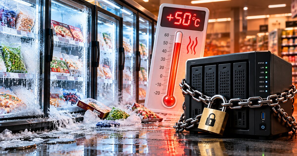 Meubles de surgelés en train de dégeler dans un supermarché, thermomètre à +50 °C et NAS cadenassé