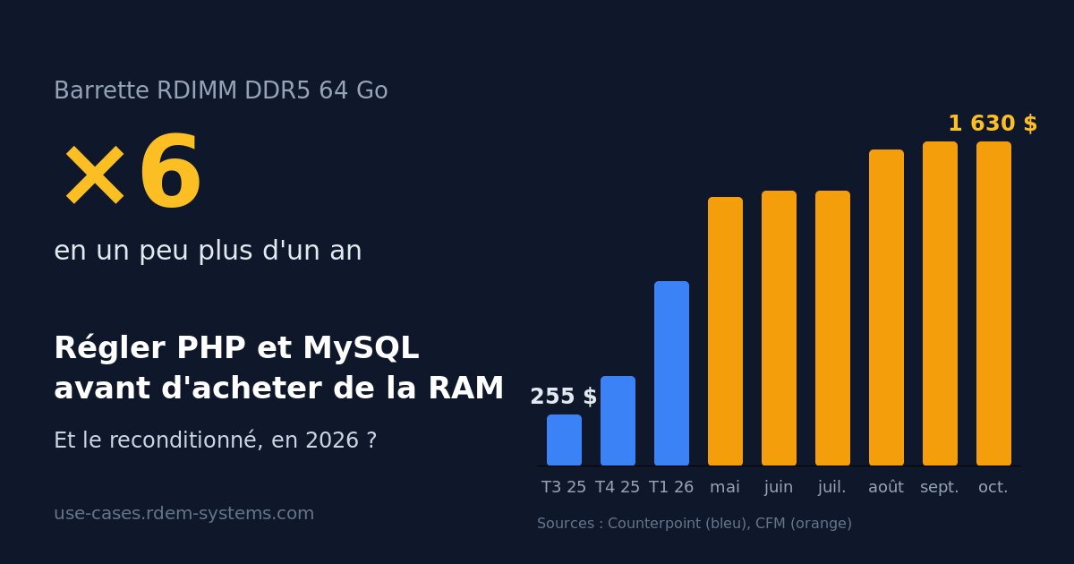 Courbe du prix d'une barrette RDIMM DDR5 de 64 Go, de 255 $ à 1 630 $ entre 2025 et 2026
