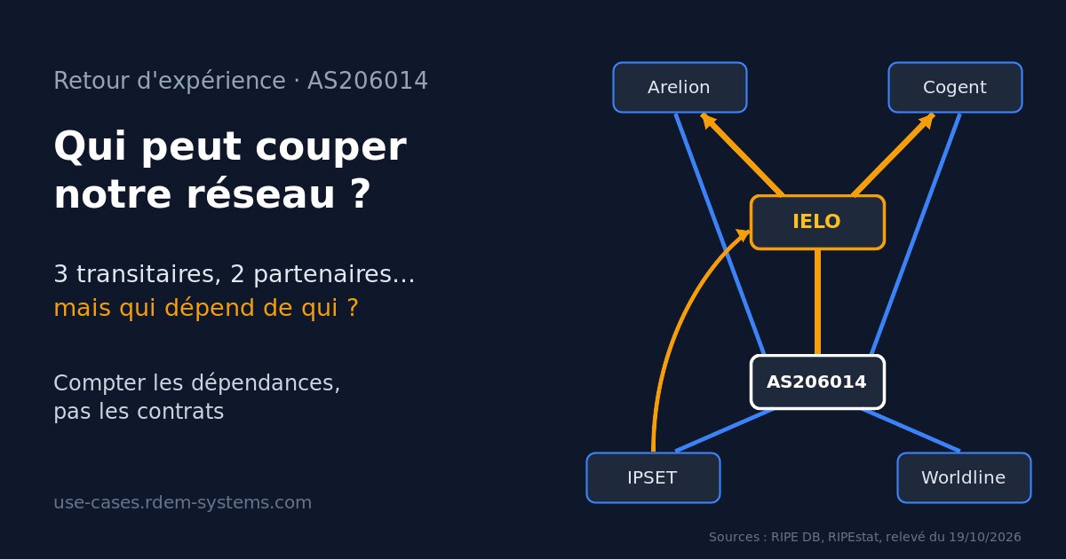Schéma : AS206014 relié à trois transitaires et deux partenaires ; IELO est lui-même client d'Arelion et de Cogent, et IPSET passe surtout par IELO